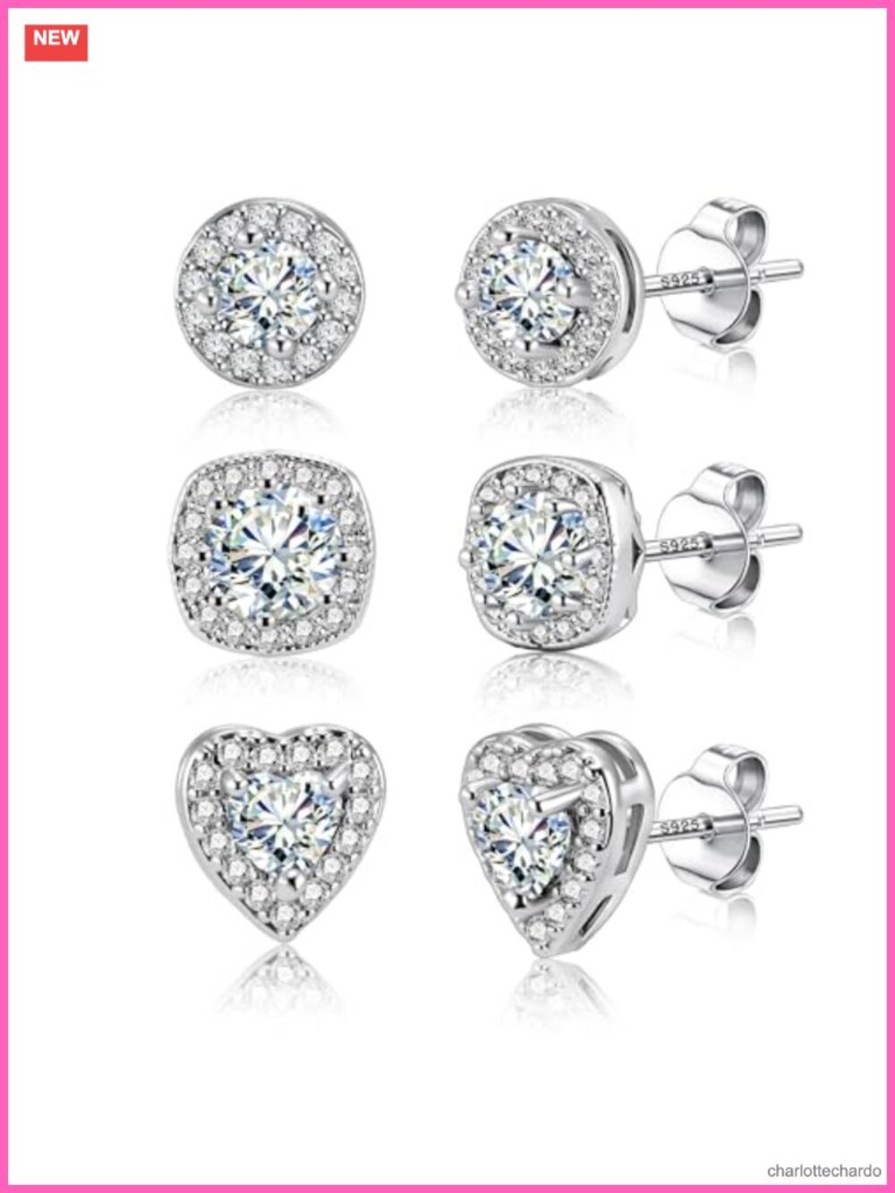 Women's 925 Sterling Silver Cubic Zirconia Halo Stud Earrings - Set of 3